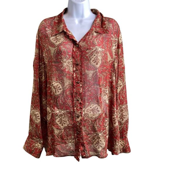 Jones & Co Women's Red Paisley Floral Button Up Shirt Size 20W Ruffle Boho Flowy - Picture 1 of 11